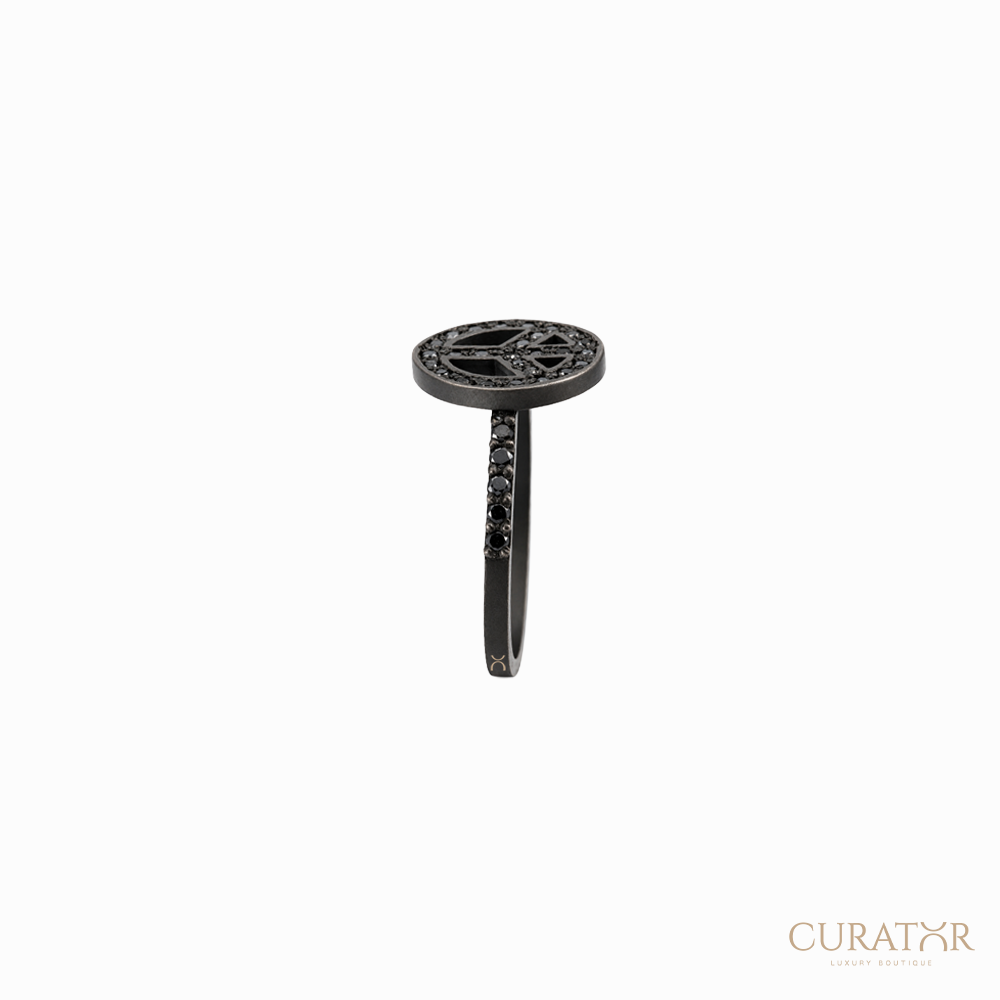 Anil Arjandas Jewels: Matte Black Oxidized Diamond Peace Sign Ring