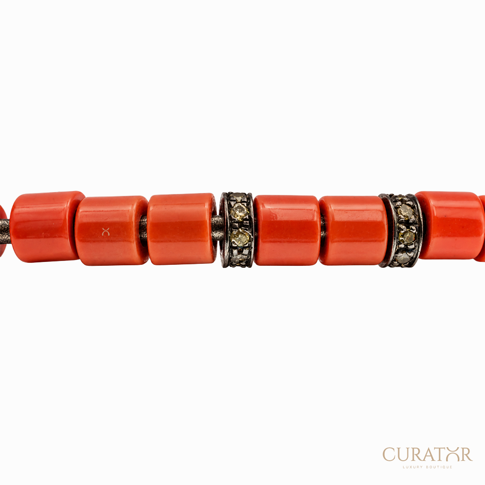 Anil Arjandas Jewels: Cylindrical Red Coral & Pavé Diamond 18K Rose Gold Open Cuff Bracelet