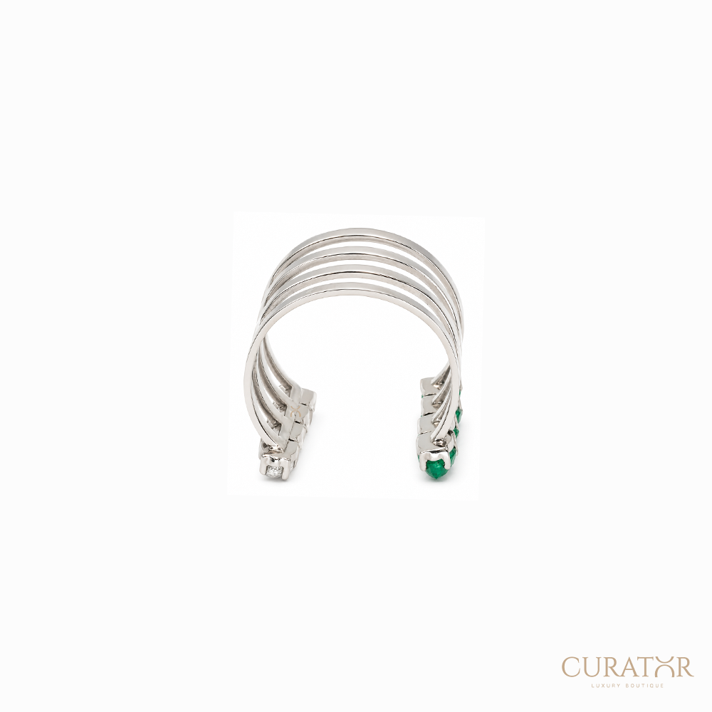 Anil Arjandas Jewels: 18K White Gold Four-Row Open Cage Ring with Pear-Cut Diamonds and Emeralds