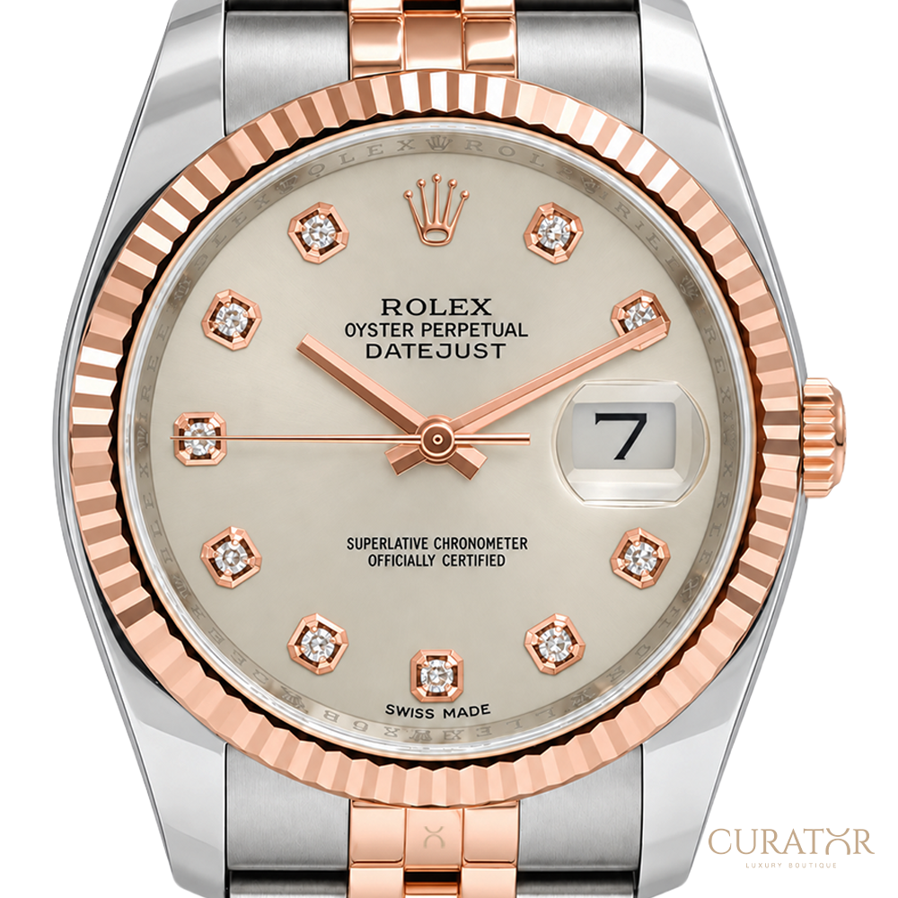Rolex Datejust 36 Everose Rolesor Silver Dial Diamond Markers Watch
