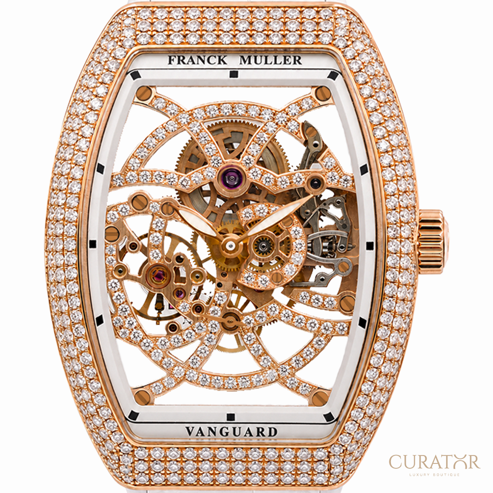 Franck Muller Vanguard Skeleton 18K Rose Gold Full Diamond 35mm