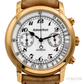 A close-up studio shot of an Audemars Piguet Automatic watch with a gold-tone case, white dial, black and red markings, and a brown leather strap on a white background.