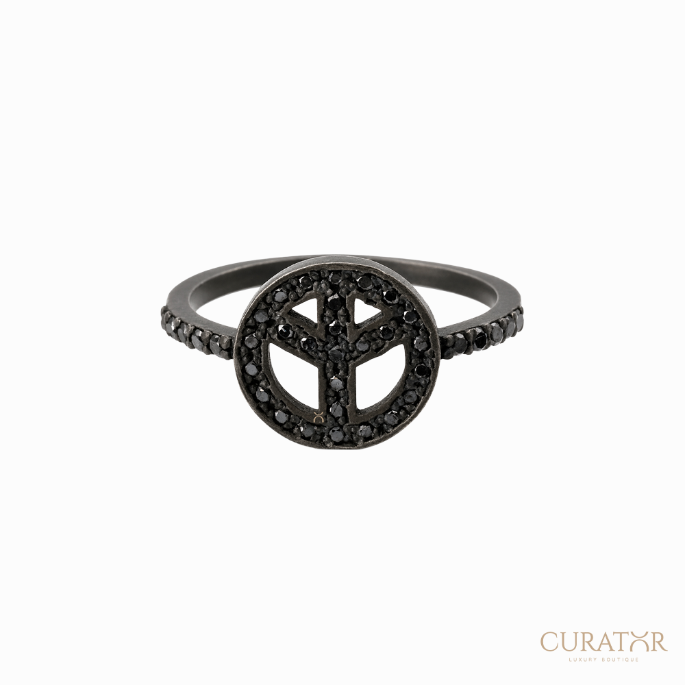 Anil Arjandas Jewels: Matte Black Oxidized Diamond Peace Sign Ring