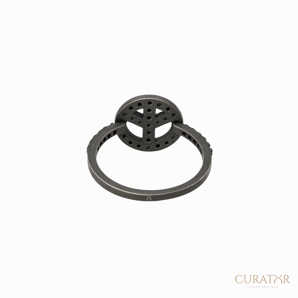 Anil Arjandas Jewels: Matte Black Oxidized Diamond Peace Sign Ring