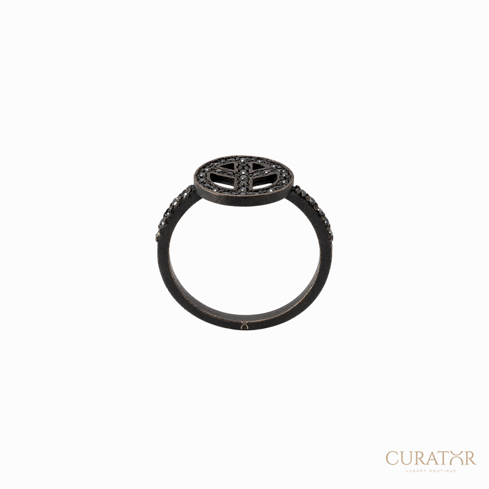 Anil Arjandas Jewels: Matte Black Oxidized Diamond Peace Sign Ring