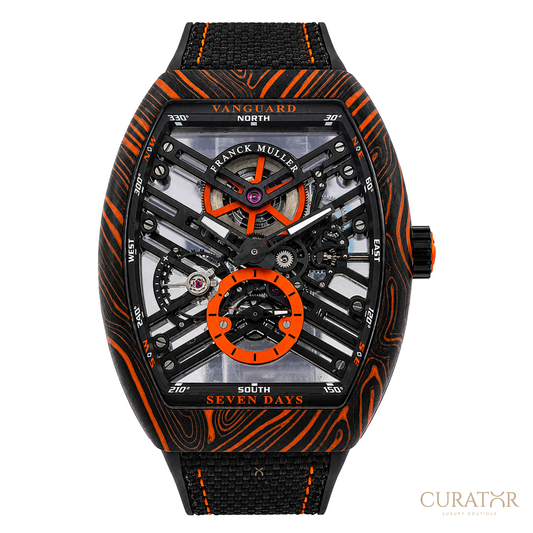 Franck Muller Vanguard 7 Days Power Reserve Skeleton Carbon Damascus Orange