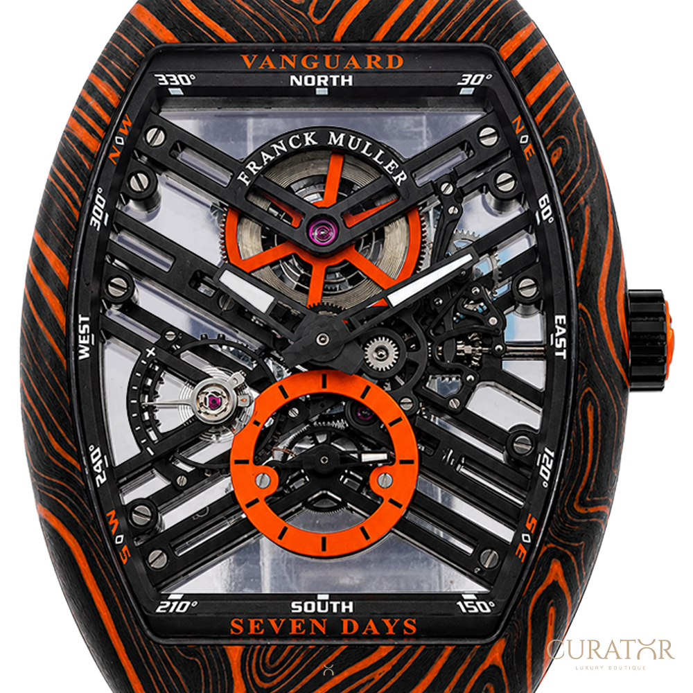 Franck Muller Vanguard 7 Days Power Reserve Skeleton Carbon Damascus Orange