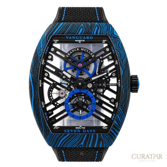 Franck Muller Vanguard 7 Days Power Reserve Skeleton Carbon Damascus Blue