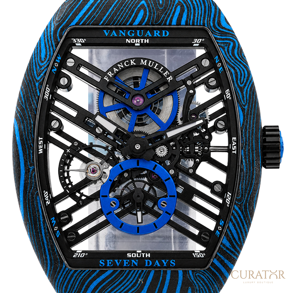 Franck Muller Vanguard 7 Days Power Reserve Skeleton Carbon Damascus Blue