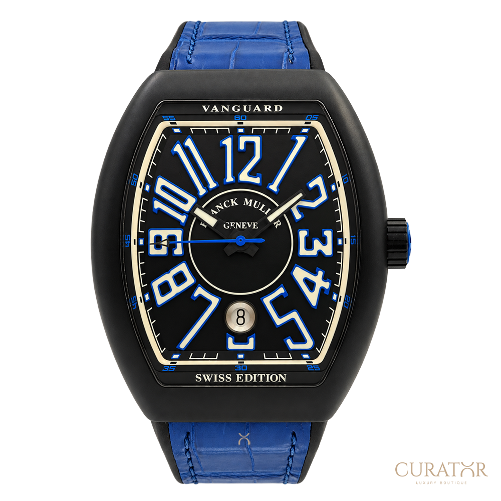 Franck Muller Vanguard Swiss Edition Black Carbon Blue Accents Date Watch