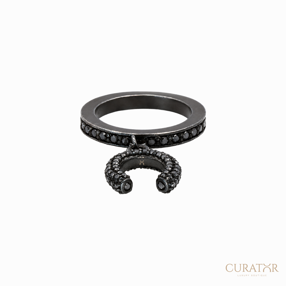 Anil Arjandas Jewels: Matte Black Oxidized Diamond Horseshoe Charm Ring