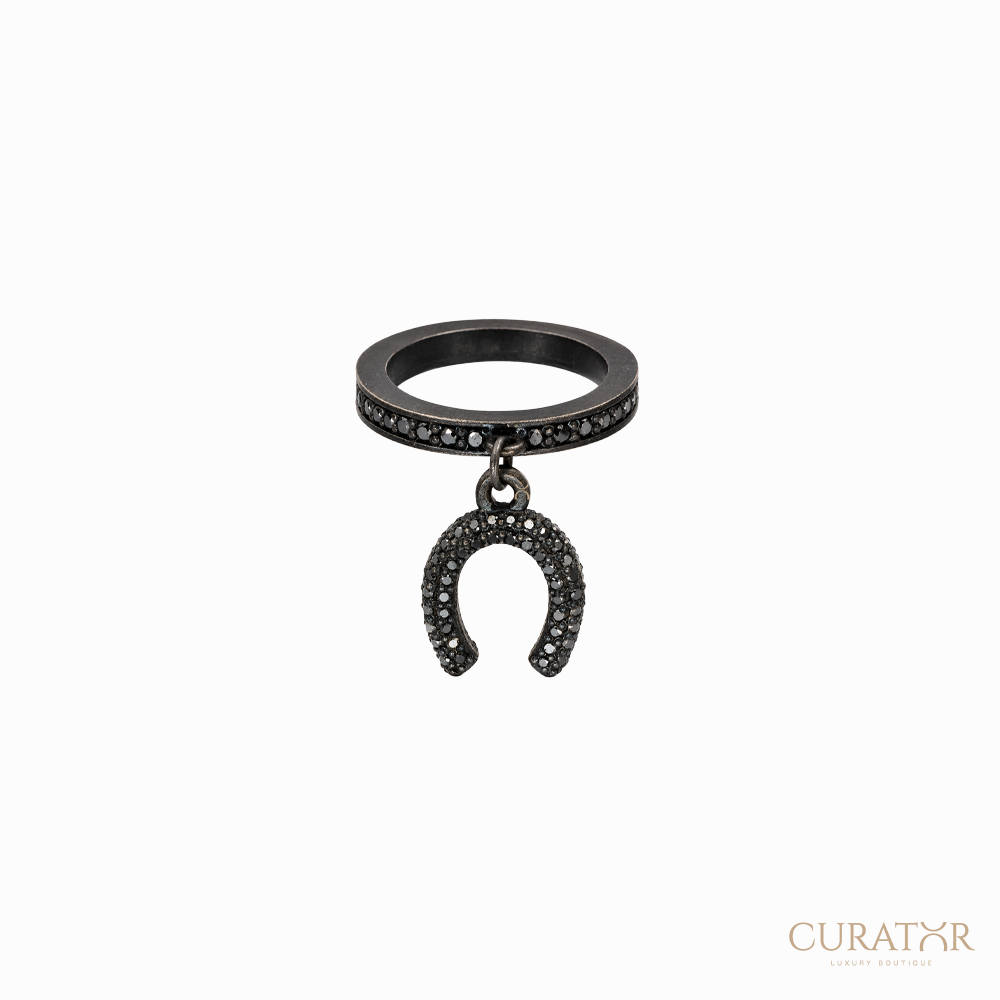Anil Arjandas Jewels: Matte Black Oxidized Diamond Horseshoe Charm Ring