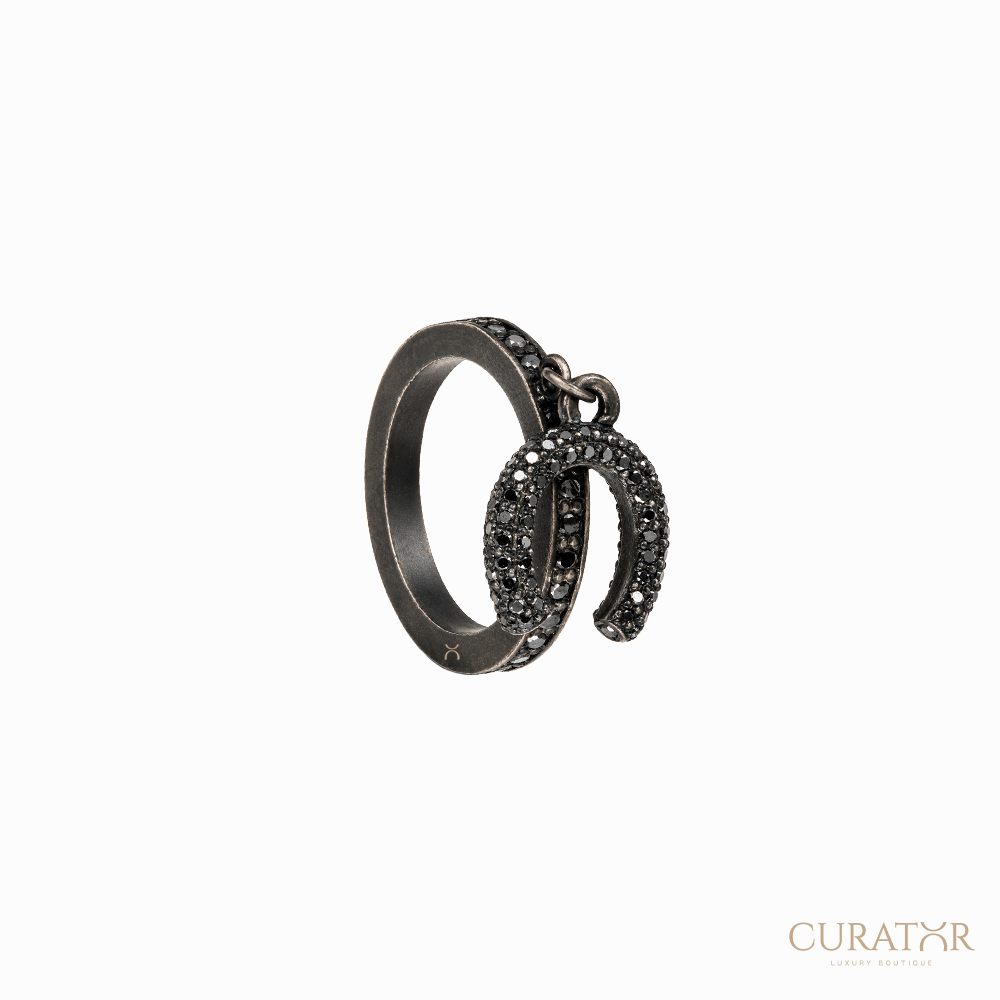Anil Arjandas Jewels: Matte Black Oxidized Diamond Horseshoe Charm Ring