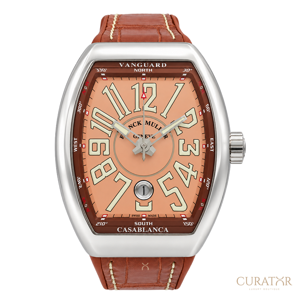 Franck Muller Vanguard Casablanca Stainless Steel Salmon Dial Brown Strap Watch