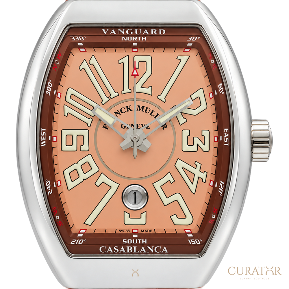 Franck Muller Vanguard Casablanca Stainless Steel Salmon Dial Brown Strap Watch
