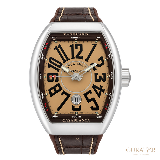 Franck Muller Vanguard Casablanca Stainless Steel Beige Dial Dark Brown Strap Watch