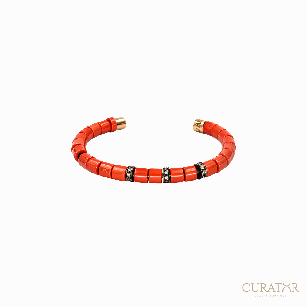 Anil Arjandas Jewels: Cylindrical Red Coral & Pavé Diamond 18K Rose Gold Open Cuff Bracelet