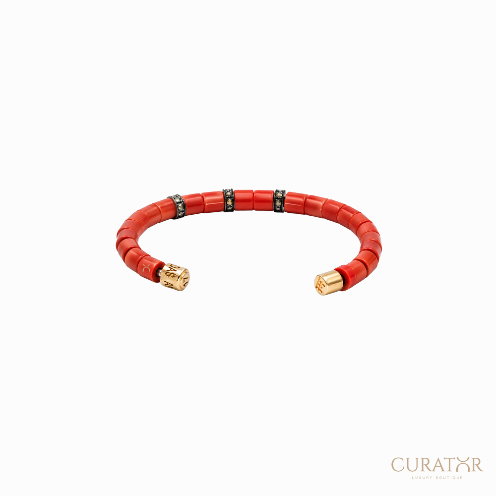 Anil Arjandas Jewels: Cylindrical Red Coral & Pavé Diamond 18K Rose Gold Open Cuff Bracelet