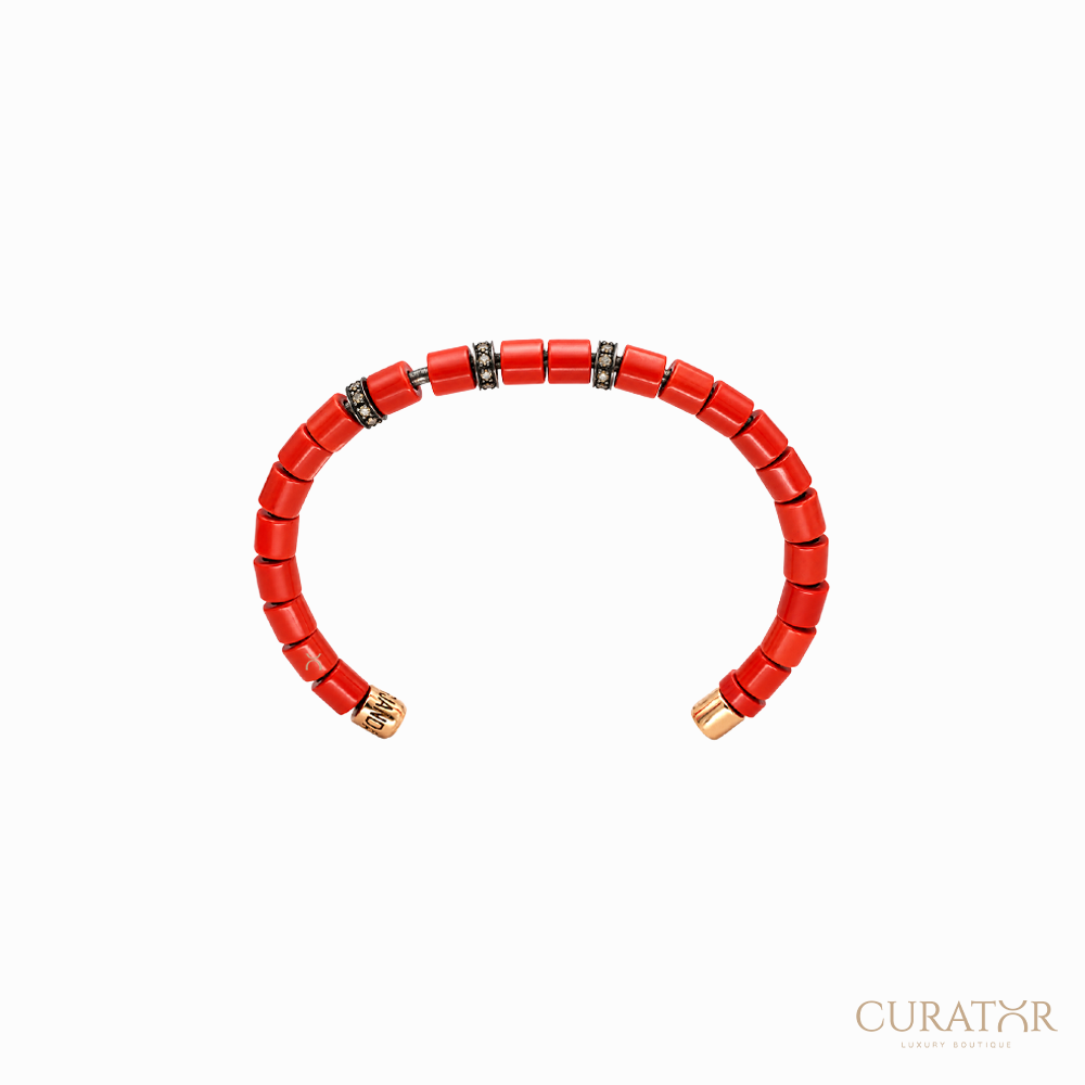 Anil Arjandas Jewels: Cylindrical Red Coral & Pavé Diamond 18K Rose Gold Open Cuff Bracelet