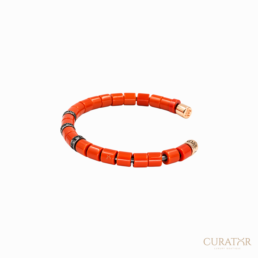 Anil Arjandas Jewels: Cylindrical Red Coral & Pavé Diamond 18K Rose Gold Open Cuff Bracelet