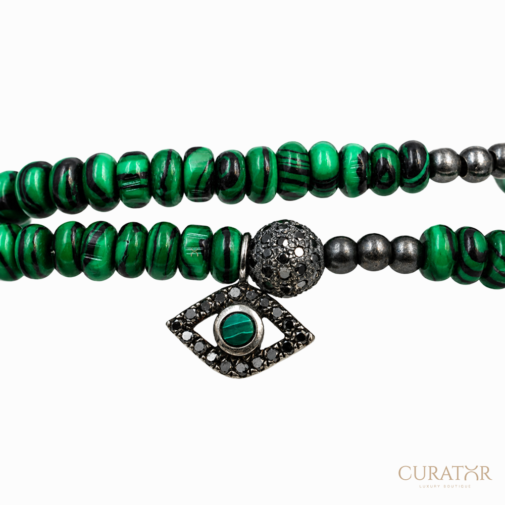 Anil Arjandas Jewels: Malachite Evil Eye Black Silver Double-Tour Beaded Bracelet