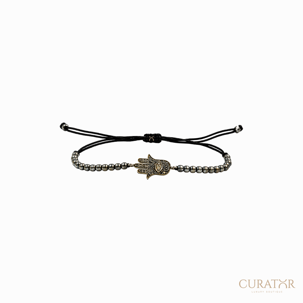 Anil Arjandas Jewels: Hamsa Black Silver Beaded Drawstring Bracelet