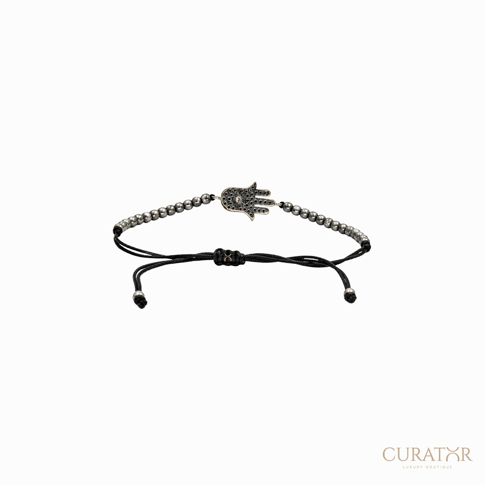 Anil Arjandas Jewels: Hamsa Black Silver Beaded Drawstring Bracelet