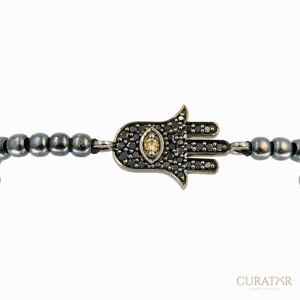 Anil Arjandas Jewels: Hamsa Black Silver Beaded Drawstring Bracelet