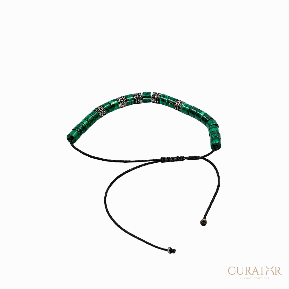 Anil Arjandas Jewels: Cylindrical Malachite & Black Diamond Silver Drawstring Bracelet