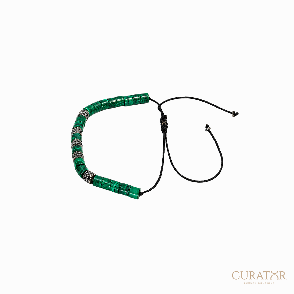 Anil Arjandas Jewels: Cylindrical Malachite & Black Diamond Silver Drawstring Bracelet
