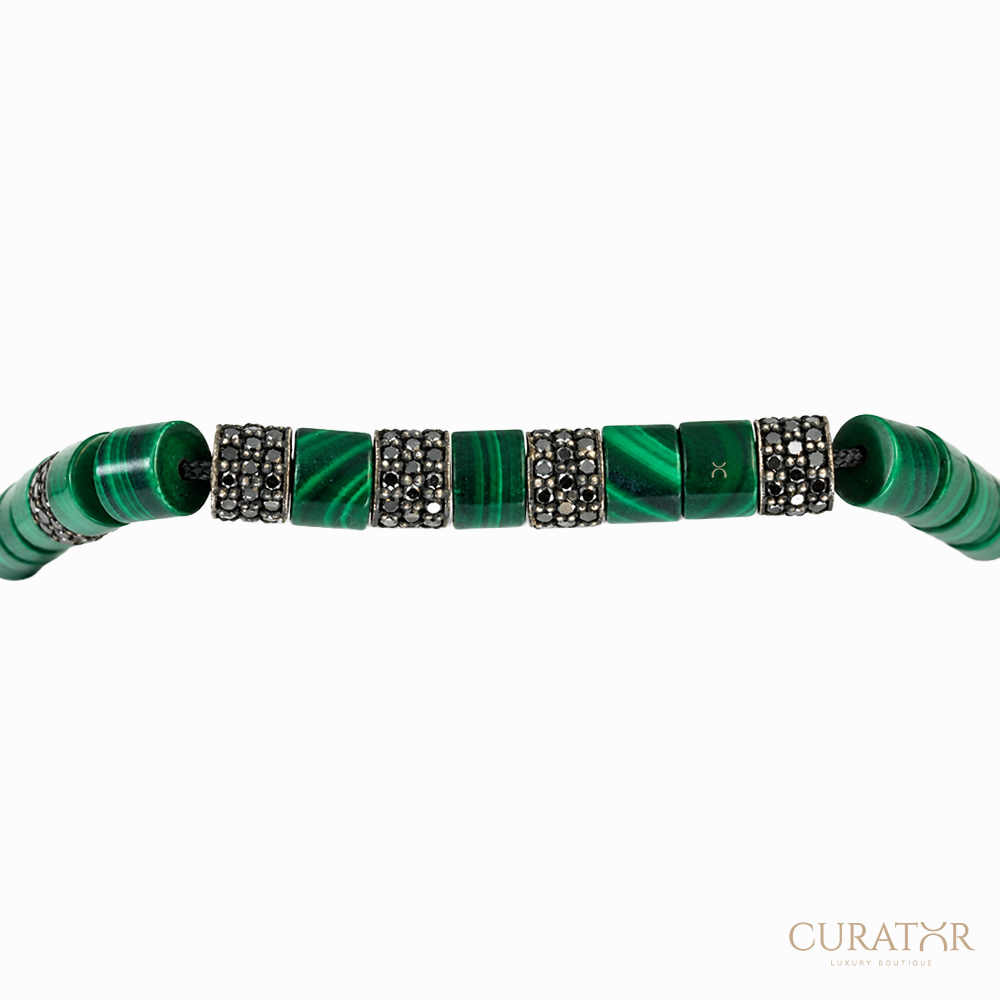 Anil Arjandas Jewels: Cylindrical Malachite & Black Diamond Silver Drawstring Bracelet