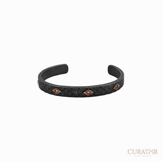 Anil Arjandas Jewels: Engraved Oxidized Silver & 18K Rose Gold Evil Eye Cuff