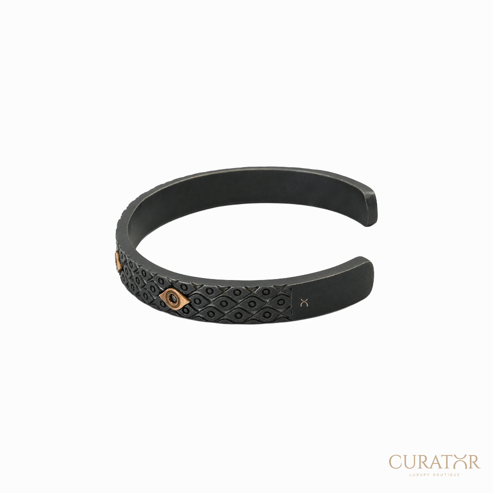 Anil Arjandas Jewels: Engraved Oxidized Silver & 18K Rose Gold Evil Eye Cuff