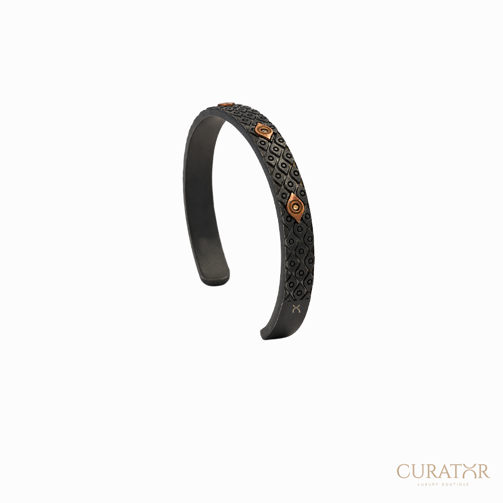 Anil Arjandas Jewels: Engraved Oxidized Silver & 18K Rose Gold Evil Eye Cuff