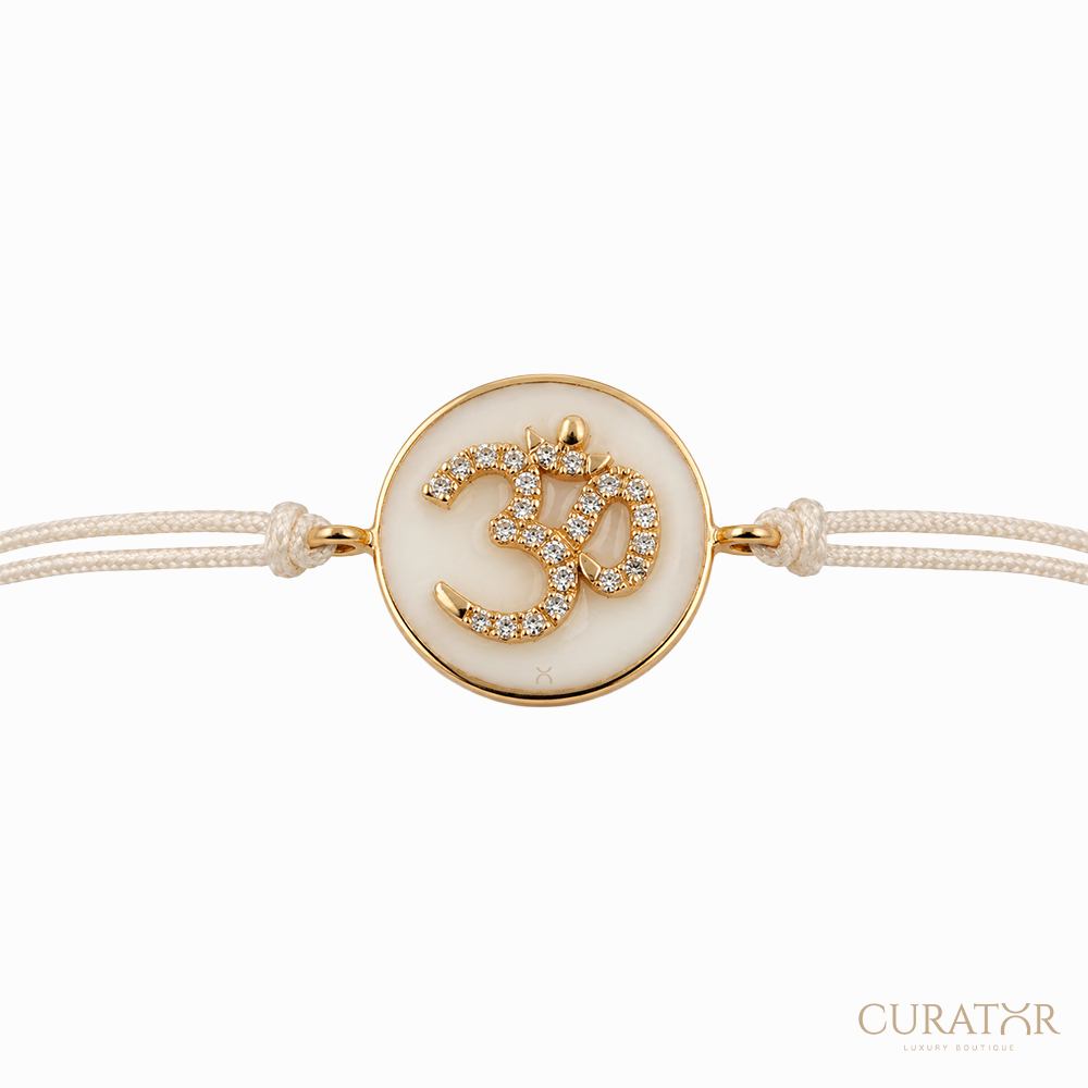 Anil Arjandas Jewels: Diamond Om Charm & Mother-of-Pearl Cream Cord Adjustable Bracelet