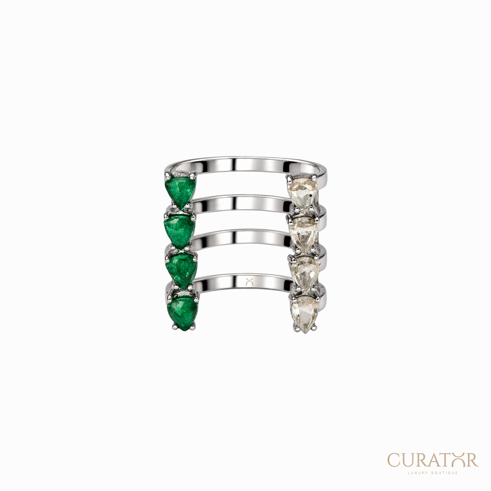 Anil Arjandas Jewels: 18K White Gold Four-Row Open Cage Ring with Pear-Cut Diamonds and Emeralds