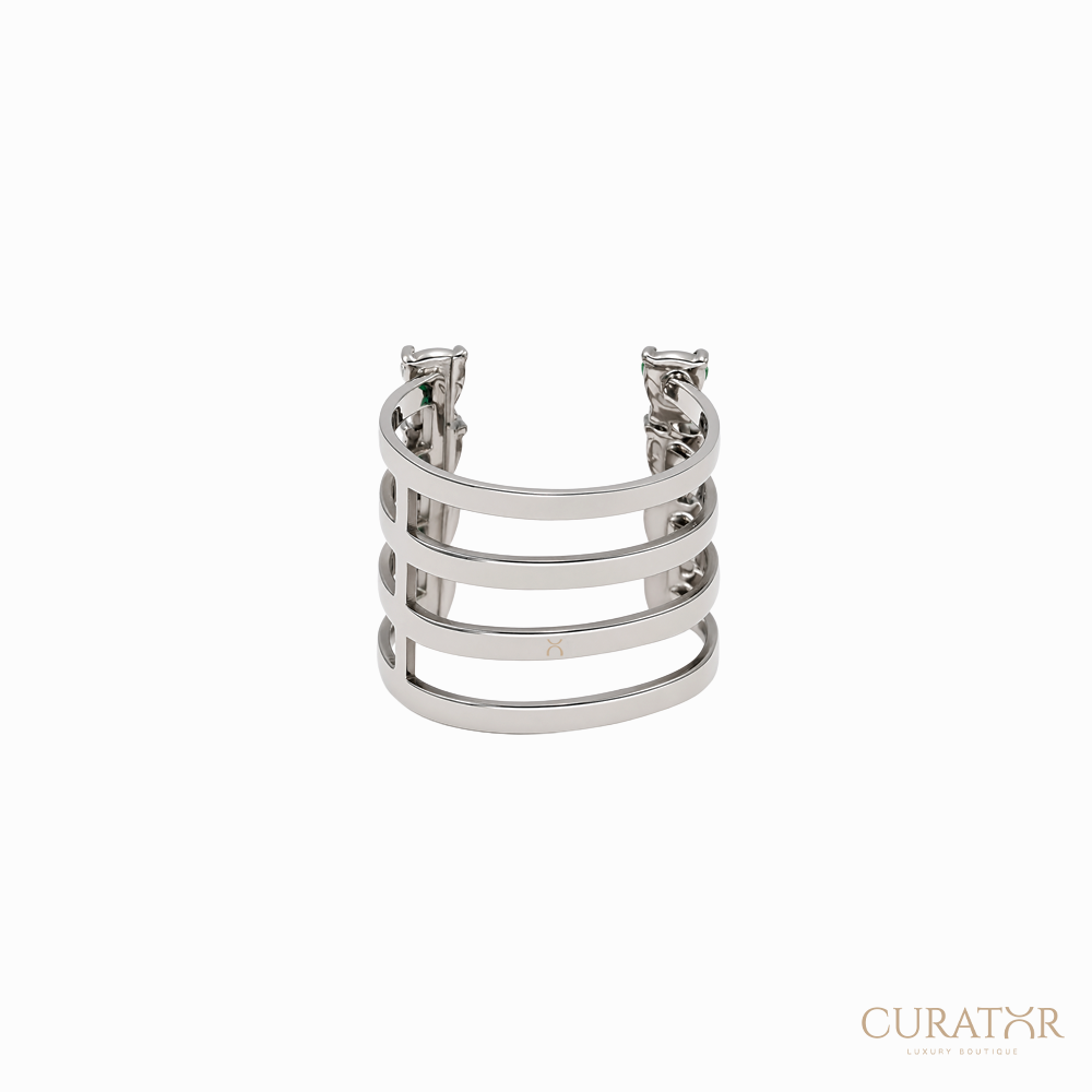 Anil Arjandas Jewels: 18K White Gold Four-Row Open Cage Ring with Pear-Cut Diamonds and Emeralds