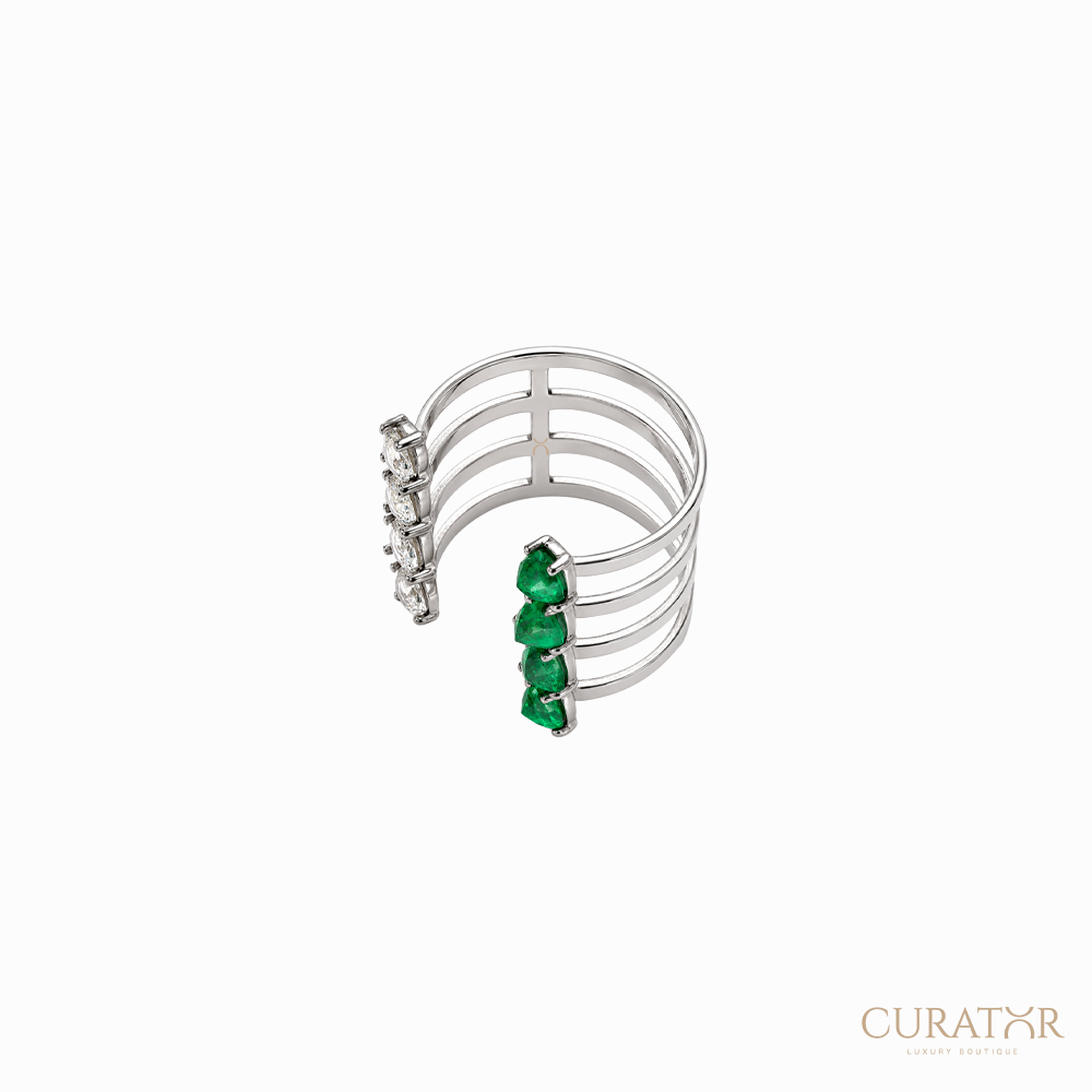 Anil Arjandas Jewels: 18K White Gold Four-Row Open Cage Ring with Pear-Cut Diamonds and Emeralds
