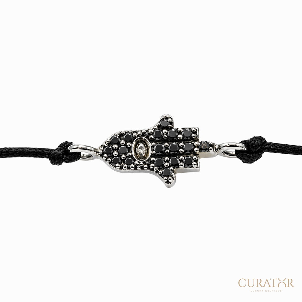 Anil Arjandas Jewels: Sterling Silver and Brown Diamond Hamsa Hand Macrame Cord Bracelet