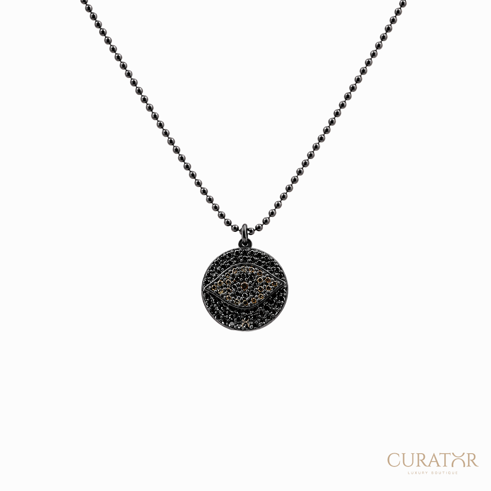 Anil Arjandas Jewels: Oxidized Sterling Silver Black and Brown Diamond Evil Eye Medallion Necklace