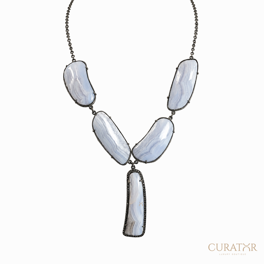 Anil Arjandas Jewels: Oxidized Sterling Silver Blue Lace Agate and Diamond Statement Y-Necklace
