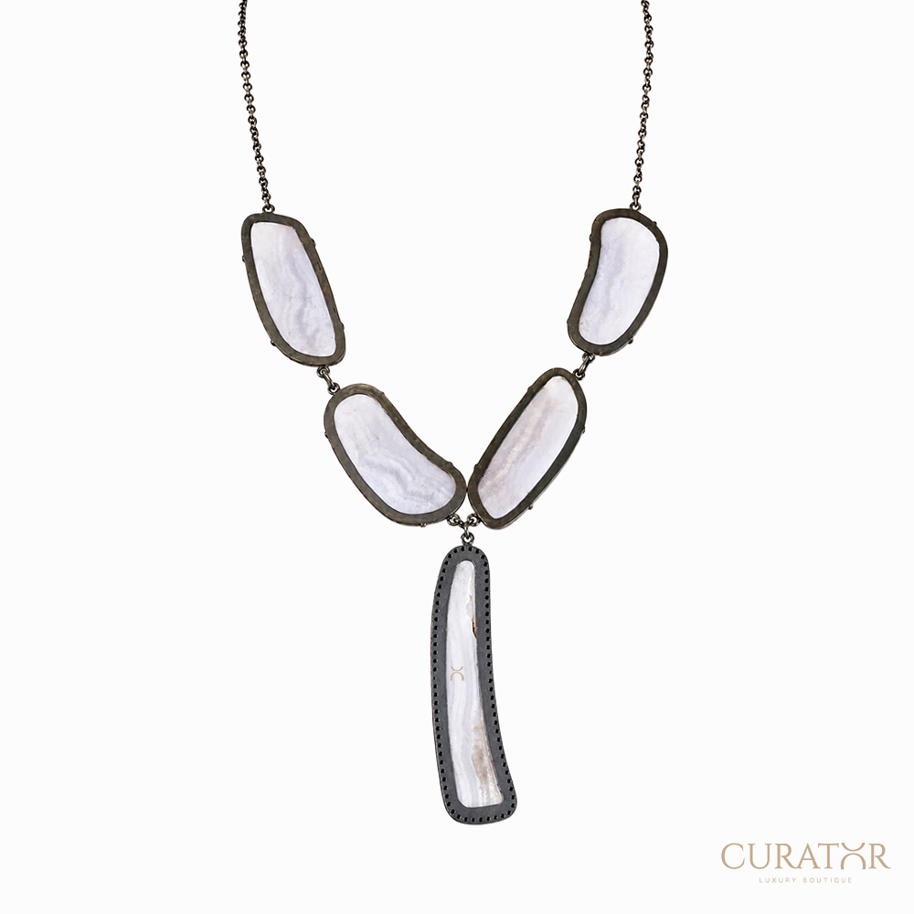 Anil Arjandas Jewels: Oxidized Sterling Silver Blue Lace Agate and Diamond Statement Y-Necklace