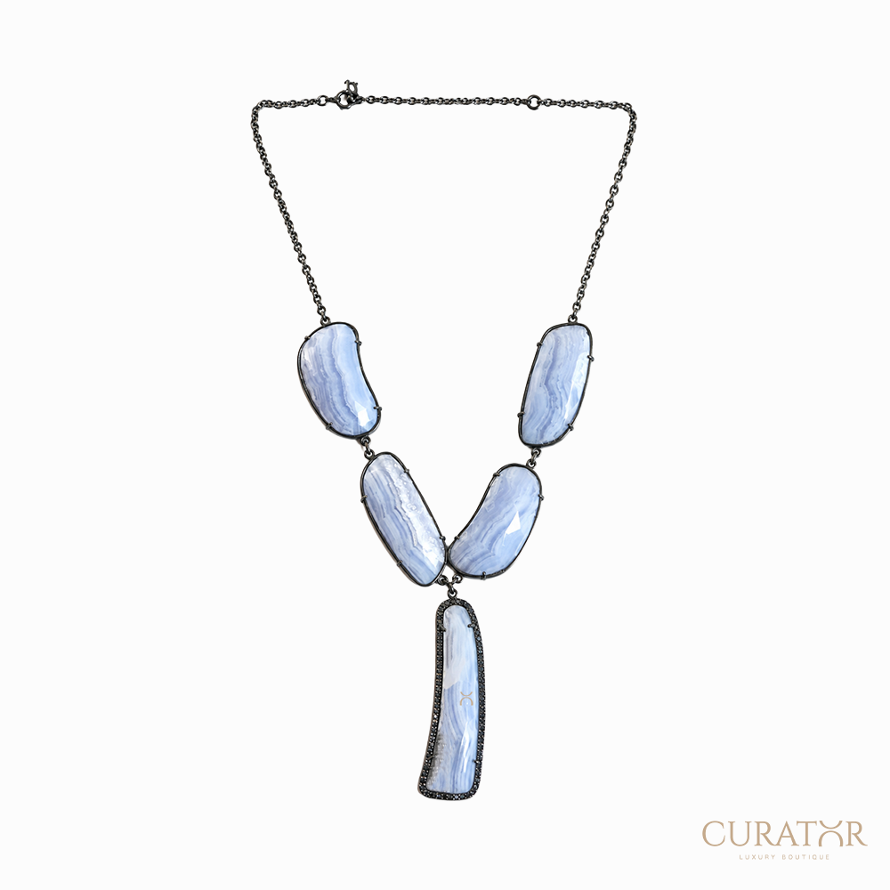 Anil Arjandas Jewels: Oxidized Sterling Silver Blue Lace Agate and Diamond Statement Y-Necklace