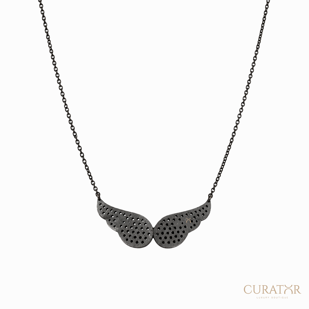 Anil Arjandas Jewels: Oxidized Sterling Silver Black Diamond Angel Wings Necklace